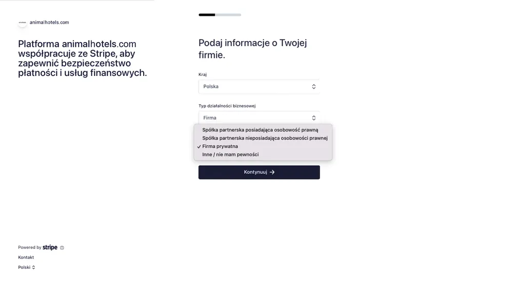 Panel rejestracyjny Stripe - etap podawania informacji o firmie