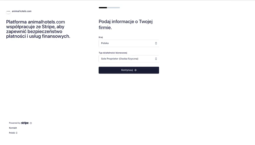 Panel rejestracyjny Stripe - uzupełnienie informacji o działalności