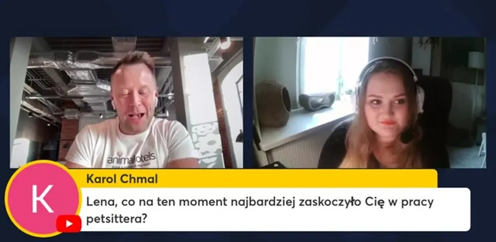 Lena, opiekunka zwierząt z Warszawy, ze swoim psem i kotem podczas rozmowy o opiece nad zwierzakami