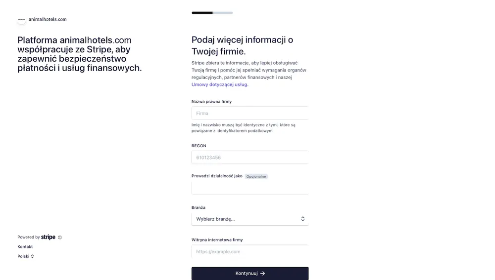 Panel rejestracyjny Stripe - podawanie więcej informacji o firmie