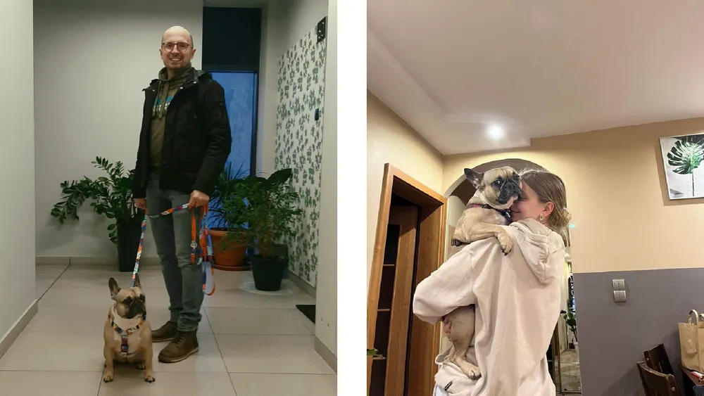 Smiling Arkadiusz with a dog on a leash and pet sitter Natalia hugging the dog.