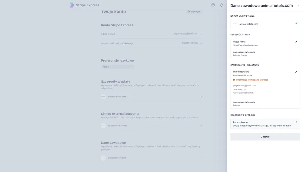 Pierwszy krok weryfikacji na stronie Stripe
