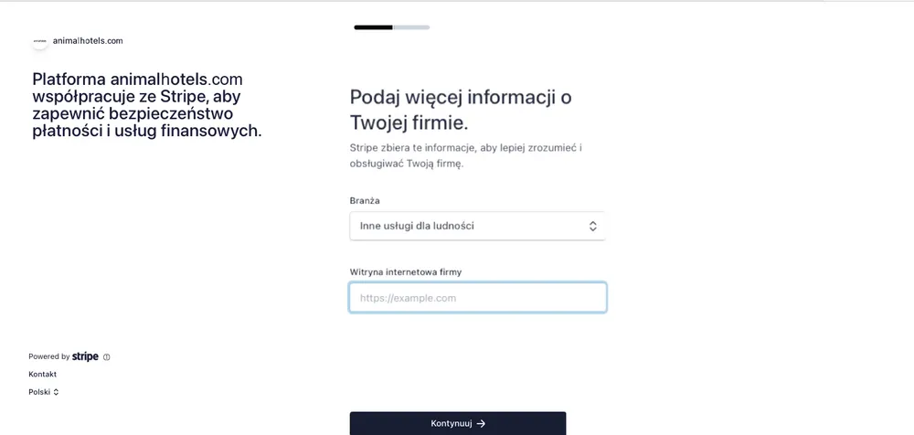 Panel rejestracyjny Stripe - wybór branży