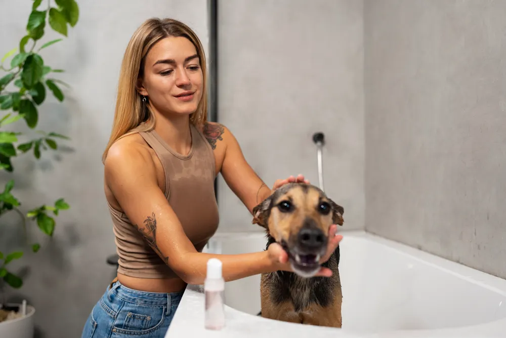 A woman washing a dog in a bathtub.