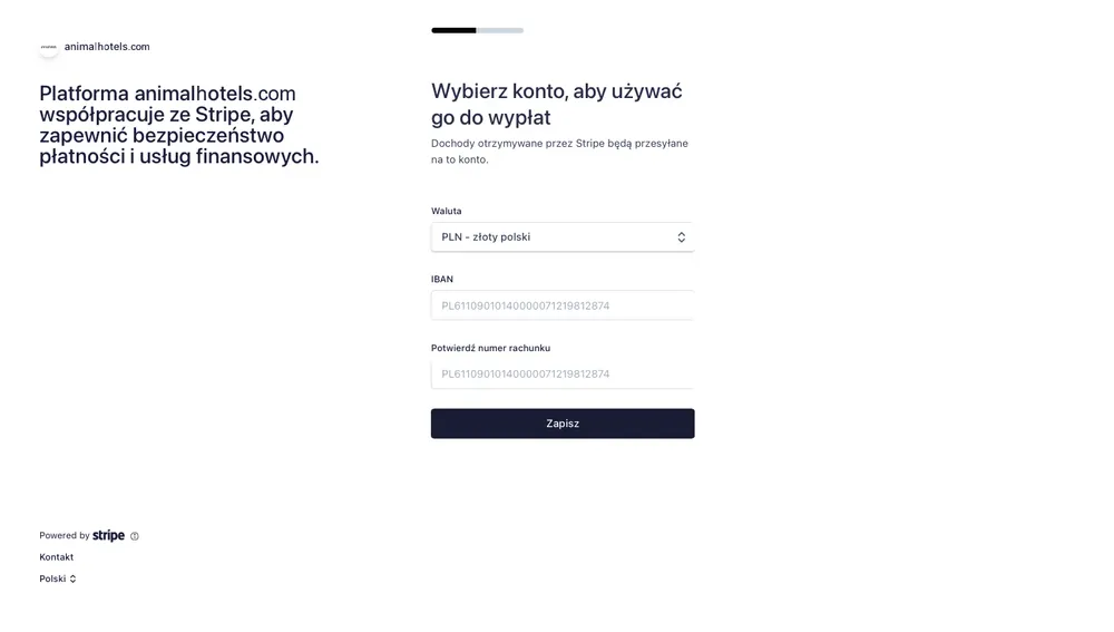 Panel rejestracyjny Stripe - uzupełnienie danych o koncie bankowym