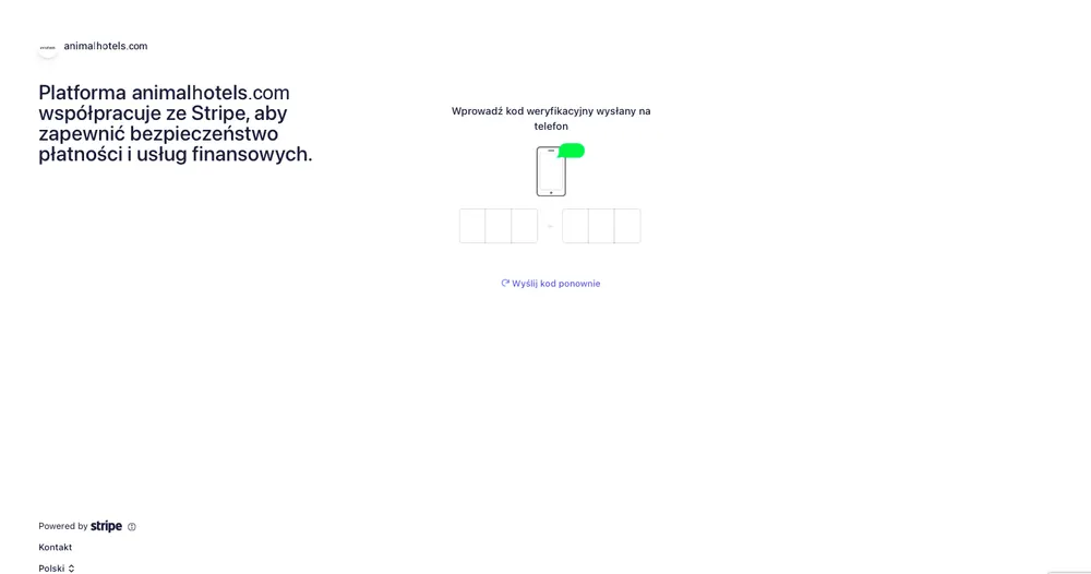 Panel rejestracyjny Stripe - etap wpisywania kodu SMS