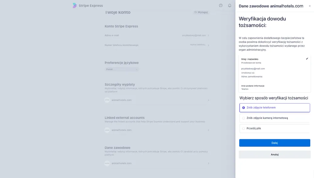 Drugi krok weryfikacji na stronie Stripe