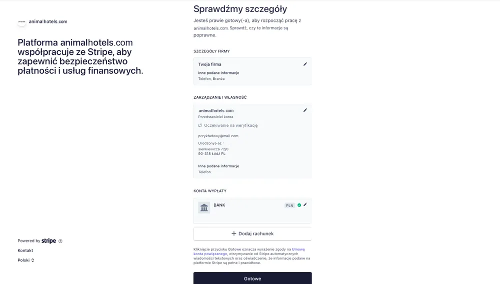 Panel rejestracyjny Stripe - sprawdzenie szczegółów
